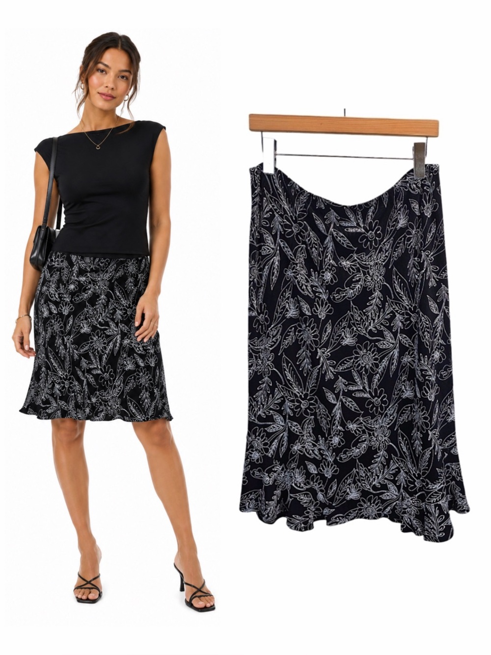 Vintage Y2K Choices Floral Midi Skirt Black Lettuce Hem Stretch XL Whimsigoth